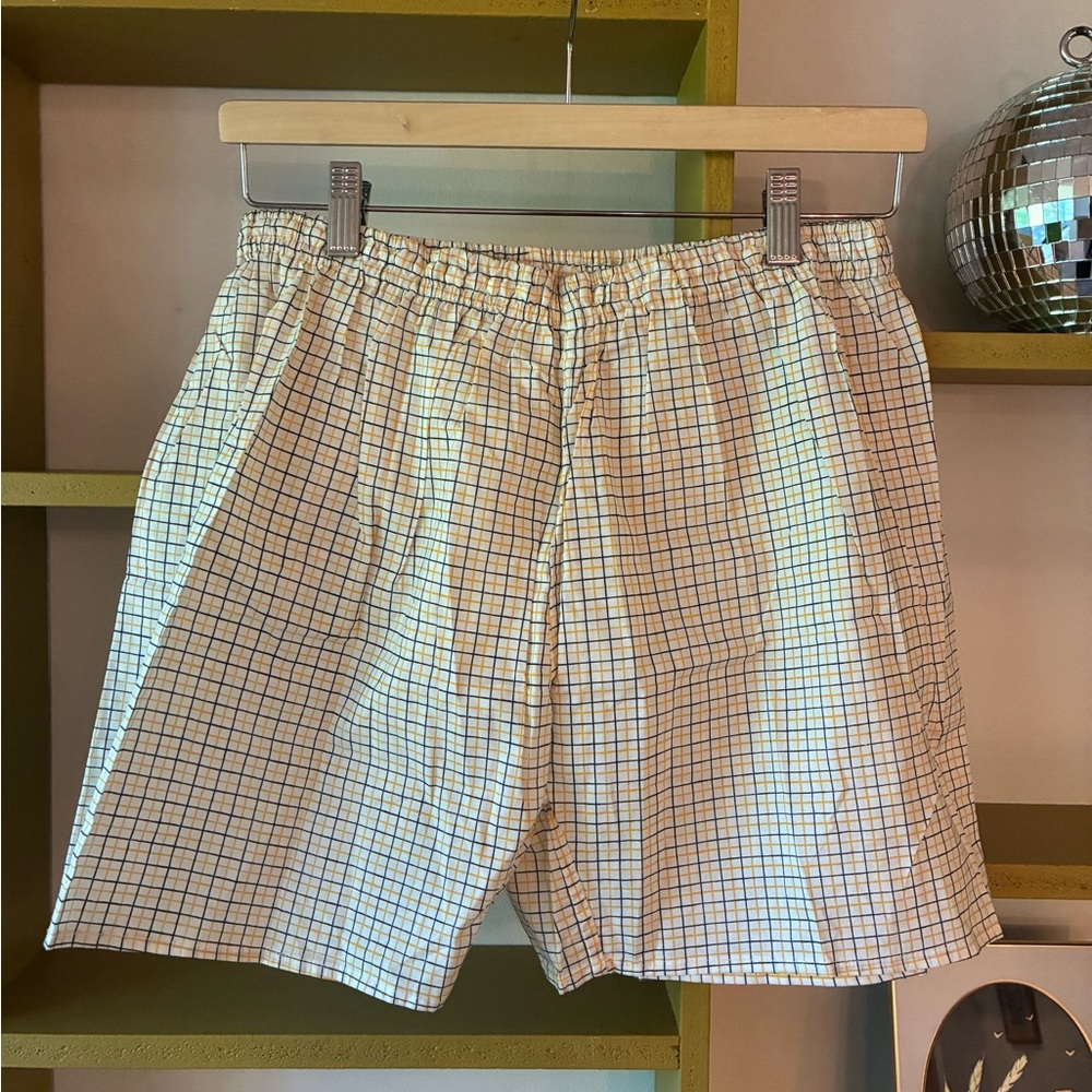 Checked Elastic Waist Shorts in White Navy Yellow & Blue - Picture 1 of 3
